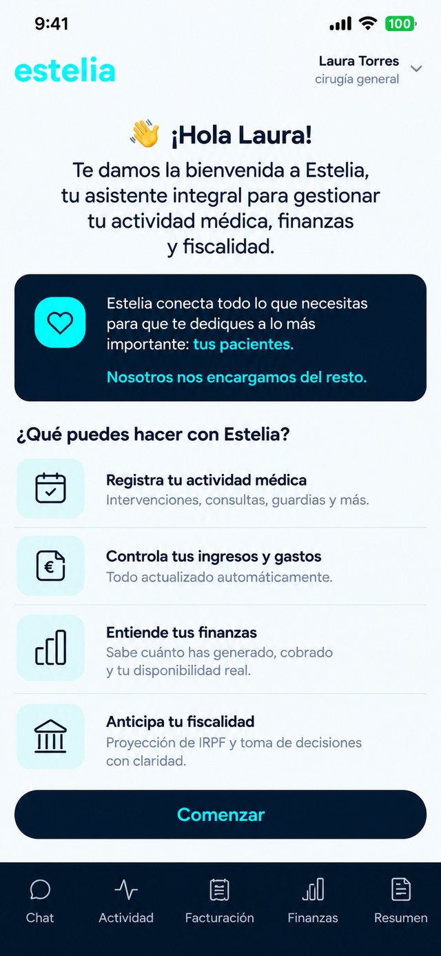 Pantalla de bienvenida de la app estelia