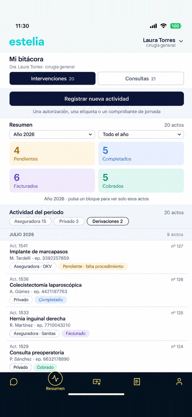 Bitácora de actividad médica en la app estelia