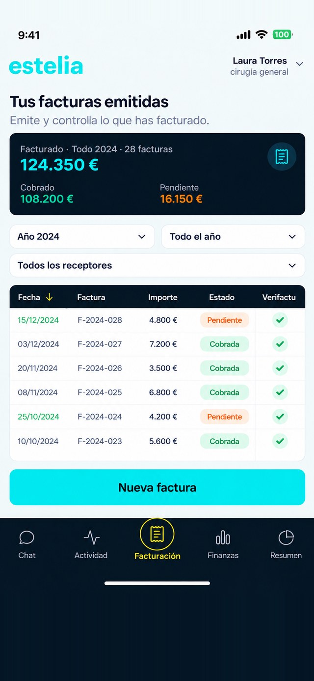 Facturas emitidas en la app estelia, con su estado y Verifactu