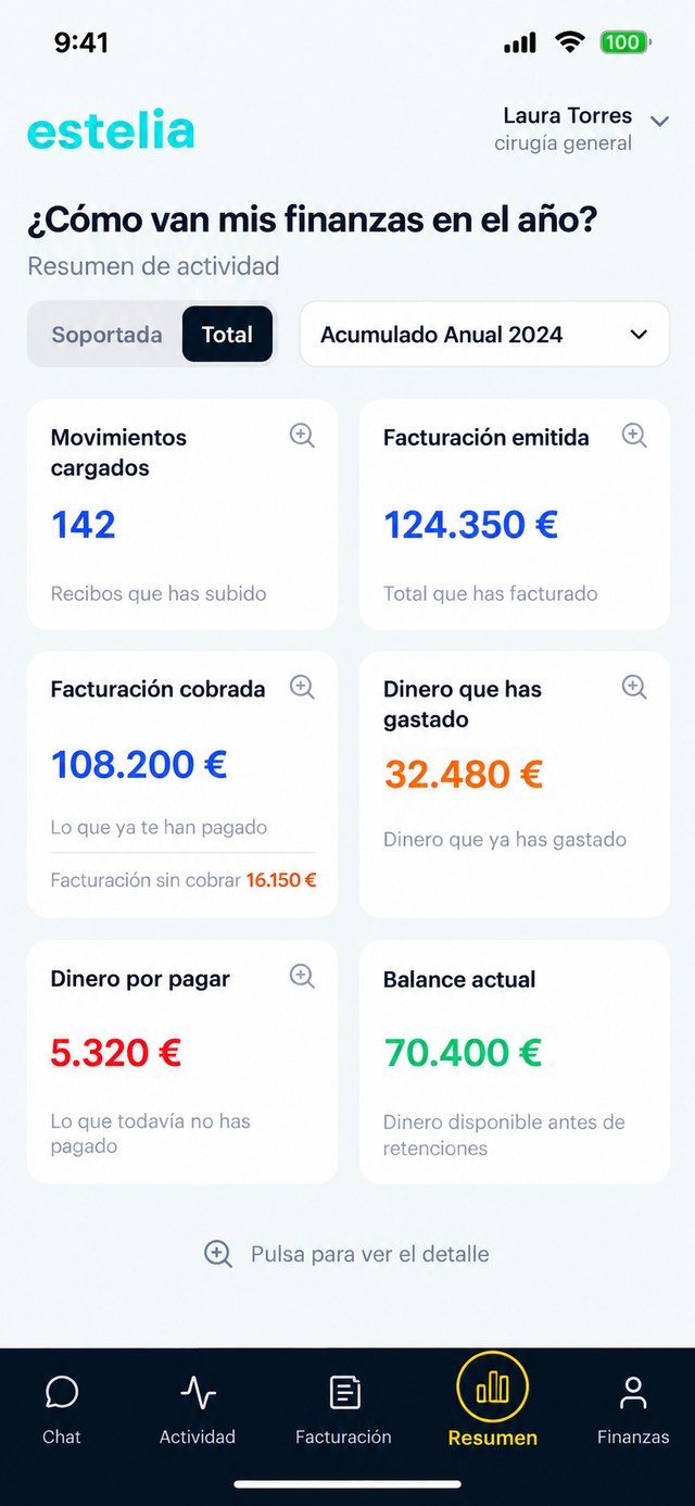 Resumen financiero anual en la app estelia