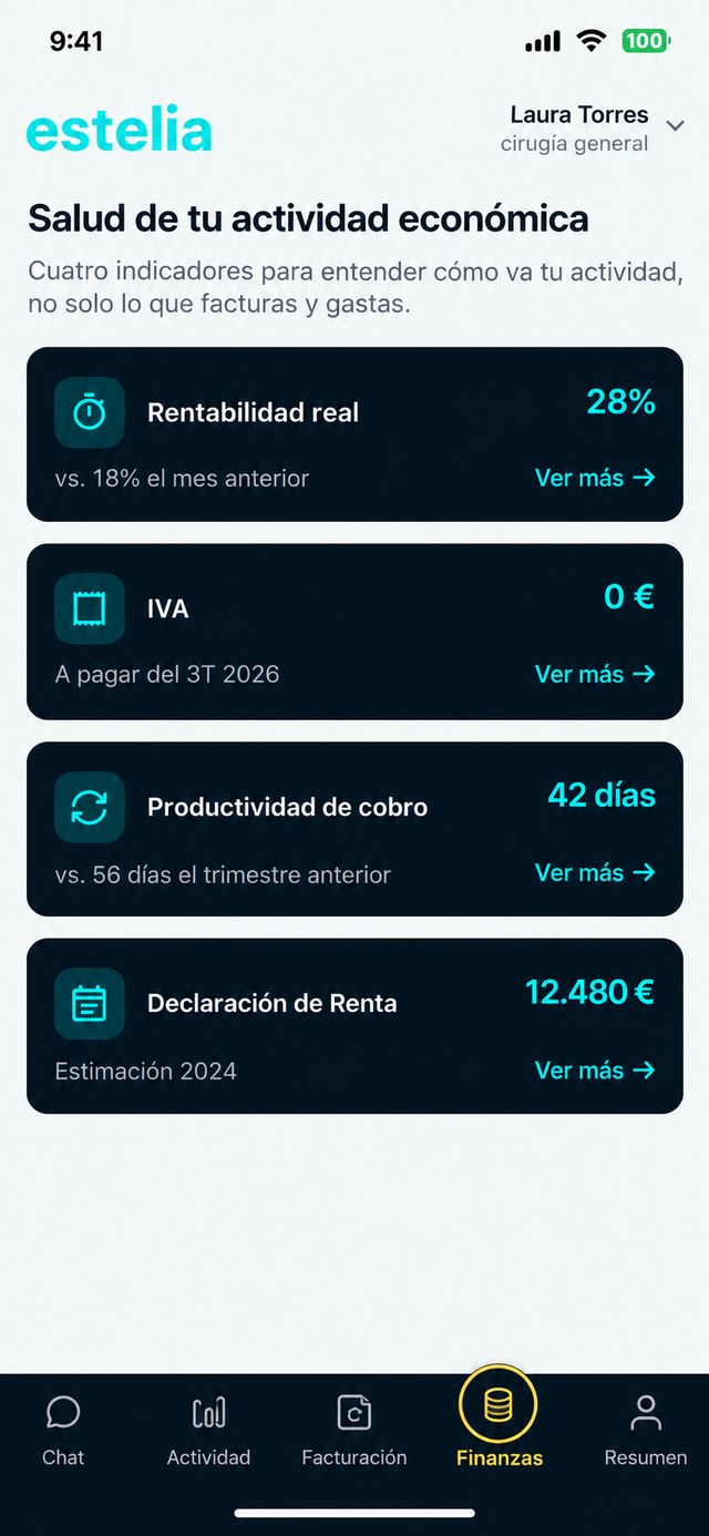 Salud de la actividad económica en la app estelia, con IVA y estimación de Renta