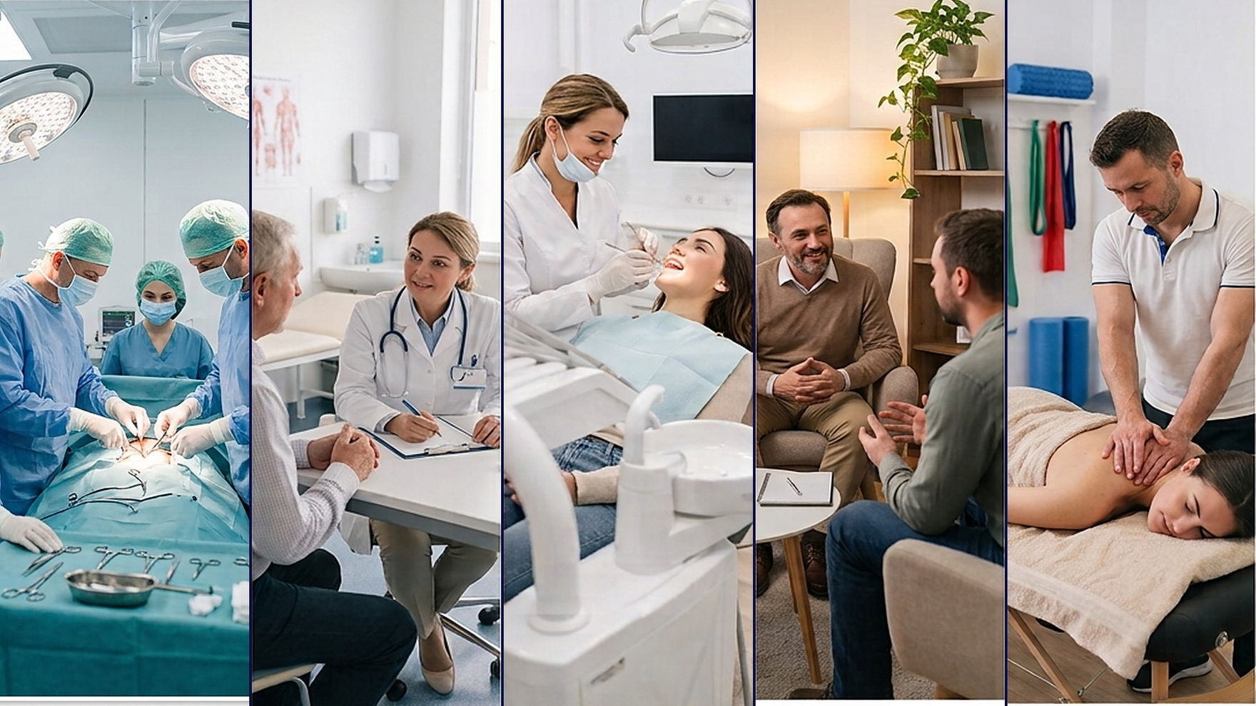 Cinco entornos de la sanidad privada: quirófano, consulta médica, clínica dental, consulta de psicología y sesión de fisioterapia